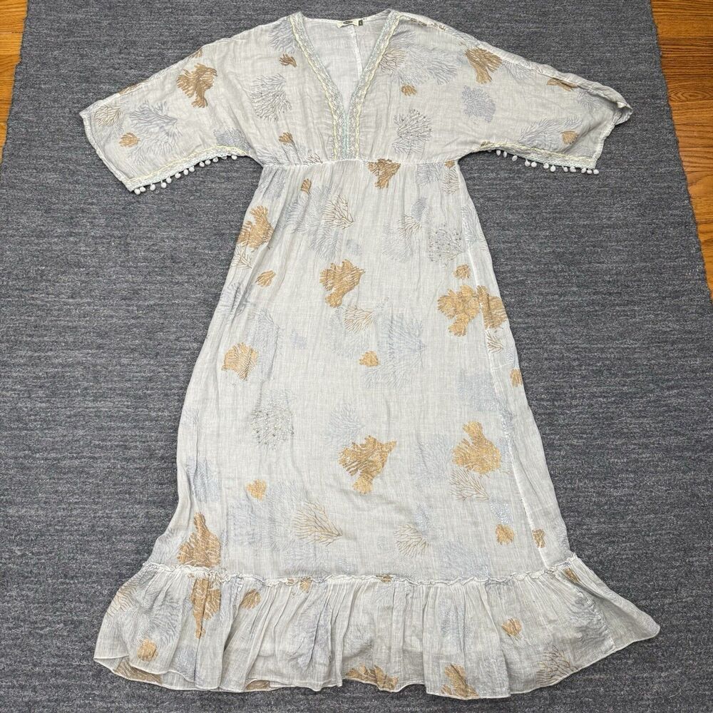 Dolma Coral Reef Maxi Dress Women Large Gray Gauzy Beaded Beach Boho Empire